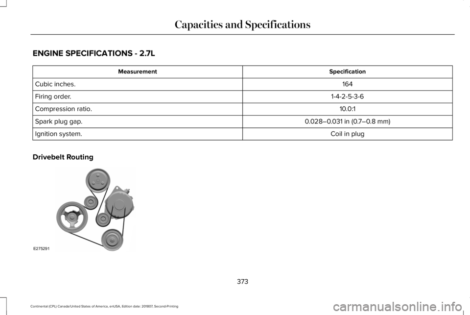 LINCOLN CONTINENTAL 2019  Owners Manual ENGINE SPECIFICATIONS - 2.7L
Specification
Measurement
164
Cubic inches.
1-4-2-5-3-6
Firing order.
10.0:1
Compression ratio.
0.028–0.031 in (0.7–0.8 mm)
Spark plug gap.
Coil in plug
Ignition syste