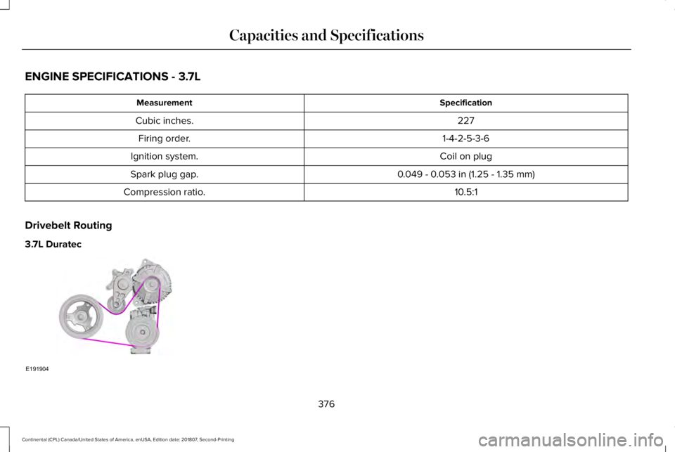 LINCOLN CONTINENTAL 2019  Owners Manual ENGINE SPECIFICATIONS - 3.7L
Specification
Measurement
227
Cubic inches.
1-4-2-5-3-6
Firing order.
Coil on plug
Ignition system.
0.049 - 0.053 in (1.25 - 1.35 mm)
Spark plug gap.
10.5:1
Compression ra