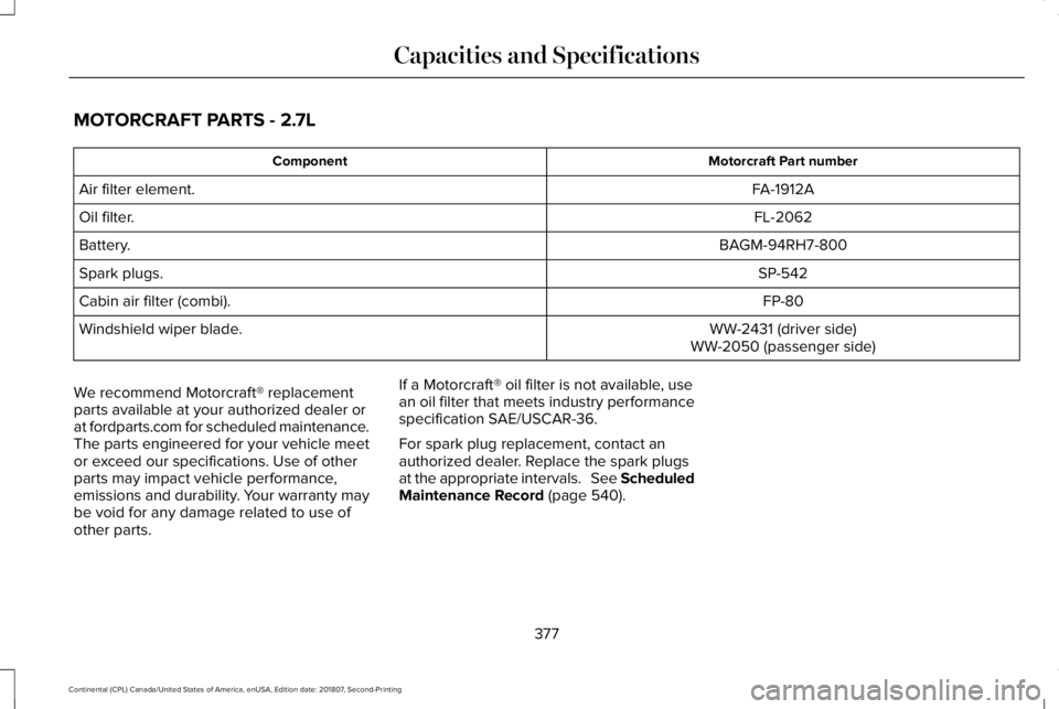 LINCOLN CONTINENTAL 2019  Owners Manual MOTORCRAFT PARTS - 2.7L
Motorcraft Part number
Component
FA-1912A
Air filter element.
FL-2062
Oil filter.
BAGM-94RH7-800
Battery.
SP-542
Spark plugs.
FP-80
Cabin air filter (combi).
WW-2431 (driver si