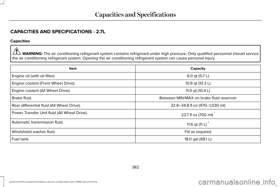 LINCOLN CONTINENTAL 2019  Owners Manual CAPACITIES AND SPECIFICATIONS - 2.7L
Capacities
WARNING: The air conditioning refrigerant system contains refrigerant under high \
pressure. Only qualified personnel should service
the air conditionin