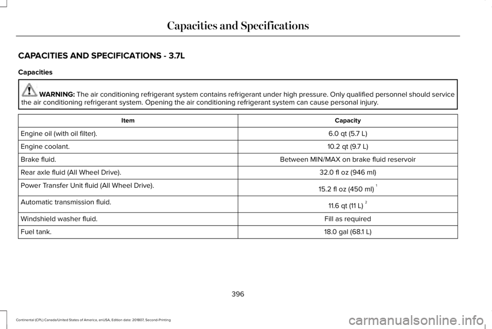 LINCOLN CONTINENTAL 2019  Owners Manual CAPACITIES AND SPECIFICATIONS - 3.7L
Capacities
WARNING: The air conditioning refrigerant system contains refrigerant under high \
pressure. Only qualified personnel should service
the air conditionin