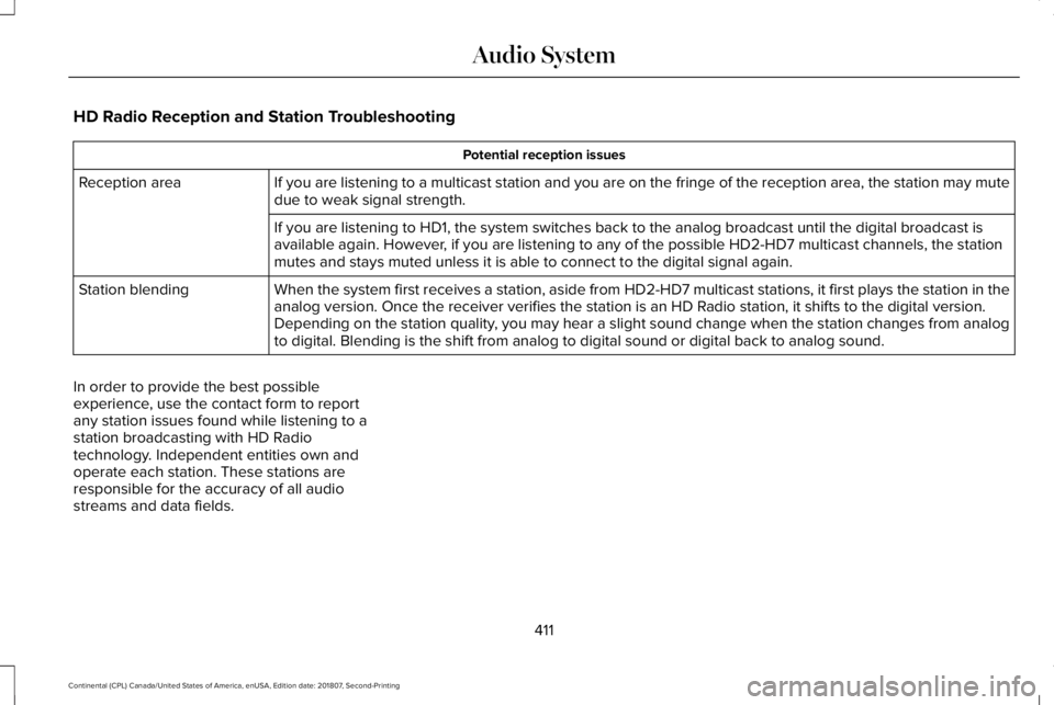 LINCOLN CONTINENTAL 2019  Owners Manual HD Radio Reception and Station Troubleshooting
Potential reception issues
If you are listening to a multicast station and you are on the fringe of\
 the reception area, the station may mute
due to wea