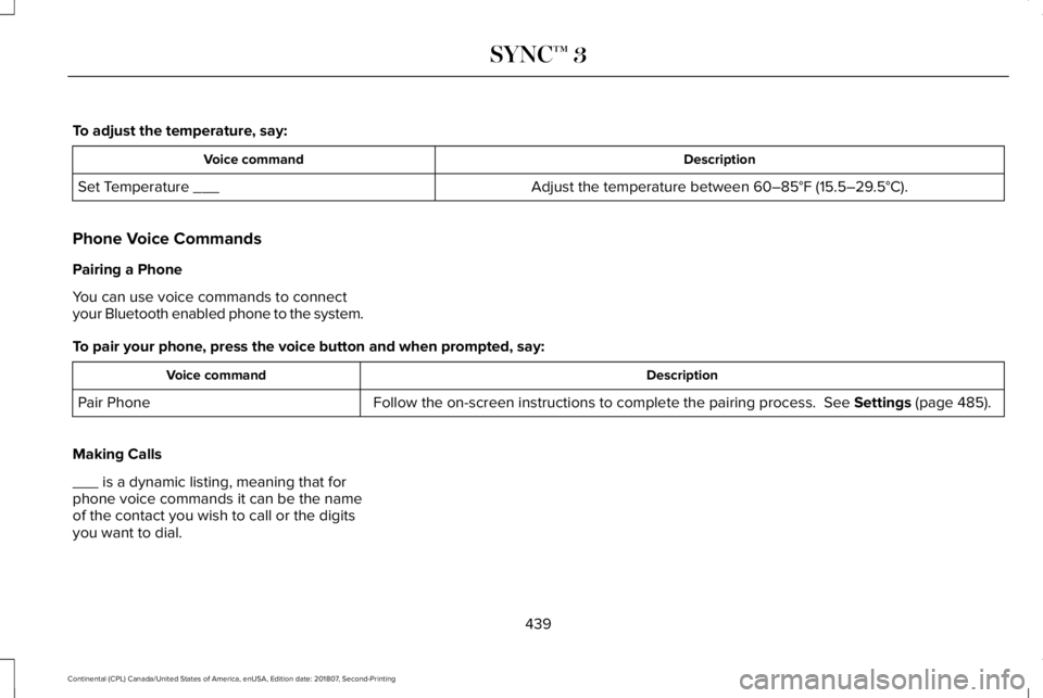 LINCOLN CONTINENTAL 2019  Owners Manual To adjust the temperature, say:
Description
Voice command
Adjust the temperature between 60–85°F (15.5–29.5°C).
Set Temperature ___
Phone Voice Commands
Pairing a Phone
You can use voice command