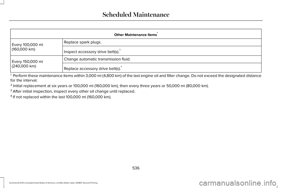 LINCOLN CONTINENTAL 2019  Owners Manual Other Maintenance Items
1
Replace spark plugs.
Every 100,000 mi
(160,000 km) Inspect accessory drive belt(s). 3
Change automatic transmission fluid.
Every 
150,000 mi
(240,000 km) Replace accessory dr