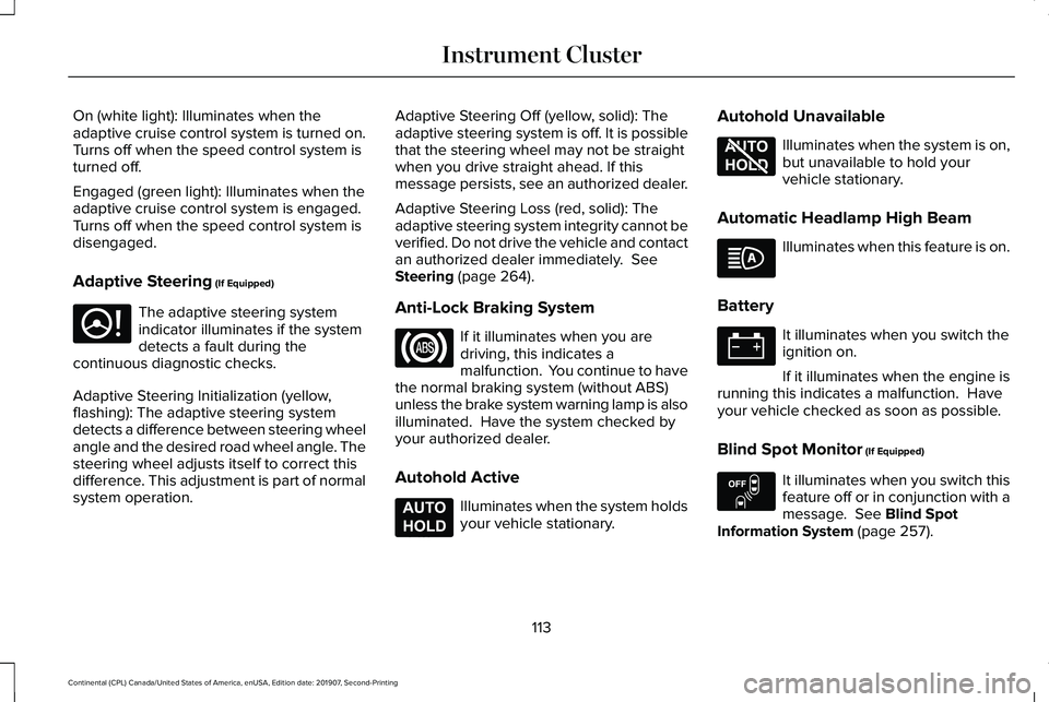 LINCOLN CONTINENTAL 2020 Owners Manual On (white light): Illuminates when the
adaptive cruise control system is turned on.
Turns off when the speed control system is
turned off.
Engaged (green light): Illuminates when the
adaptive cruise c LINCOLN CONTINENTAL 2020 Owners Manual On (white light): Illuminates when the
adaptive cruise control system is turned on.
Turns off when the speed control system is
turned off.
Engaged (green light): Illuminates when the
adaptive cruise c