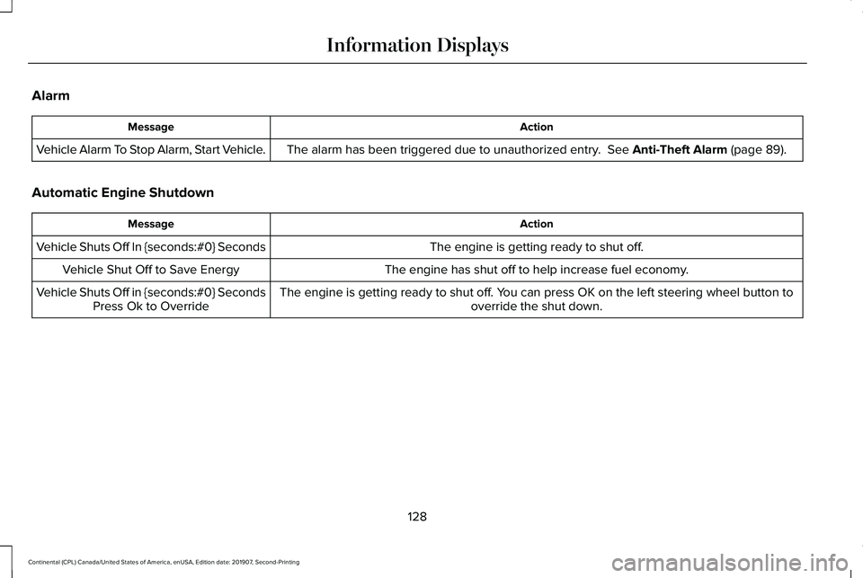 LINCOLN CONTINENTAL 2020  Owners Manual Alarm
Action
Message
The alarm has been triggered due to unauthorized entry.  See Anti-Theft Alarm (page 89).
Vehicle Alarm To Stop Alarm, Start Vehicle.
Automatic Engine Shutdown Action
Message
The e