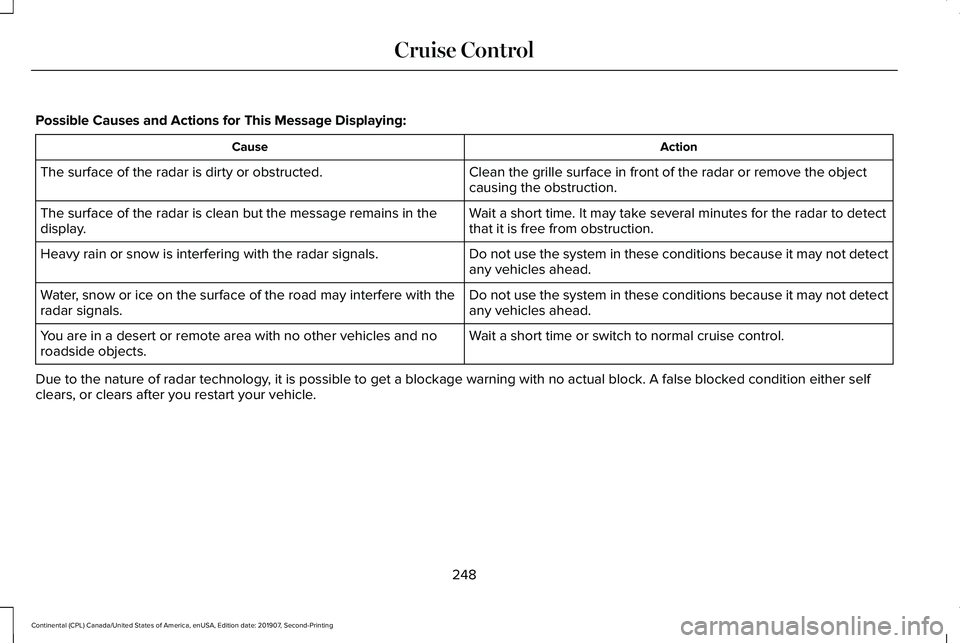 LINCOLN CONTINENTAL 2020  Owners Manual Possible Causes and Actions for This Message Displaying:
Action
Cause
Clean the grille surface in front of the radar or remove the object
causing the obstruction.
The surface of the radar is dirty or 