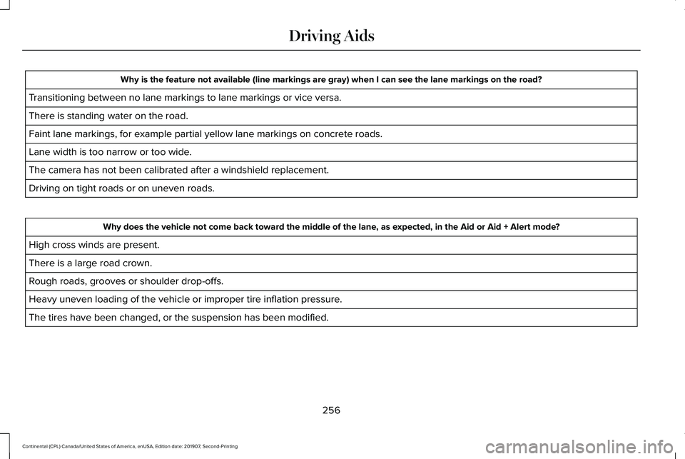 LINCOLN CONTINENTAL 2020  Owners Manual Why is the feature not available (line markings are gray) when I can s\
ee the lane markings on the road?
Transitioning between no lane markings to lane markings or vice versa.
There is standing water