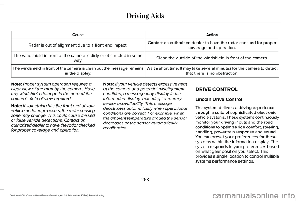 LINCOLN CONTINENTAL 2020  Owners Manual Action
Cause
Contact an authorized dealer to have the radar checked for propercoverage and operation.
Radar is out of alignment due to a front end impact.
Clean the outside of the windshield in front 