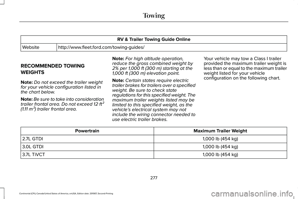 LINCOLN CONTINENTAL 2020  Owners Manual RV & Trailer Towing Guide Online
http://www.fleet.ford.com/towing-guides/
Website
RECOMMENDED TOWING
WEIGHTS
Note: Do not exceed the trailer weight
for your vehicle configuration listed in
the chart b