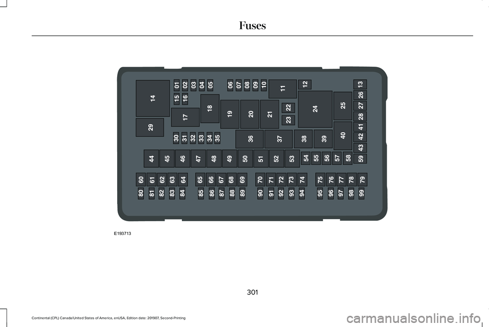 LINCOLN CONTINENTAL 2020  Owners Manual 301
Continental (CPL) Canada/United States of America, enUSA, Edition date: 201907, Second-Printing FusesE193713  