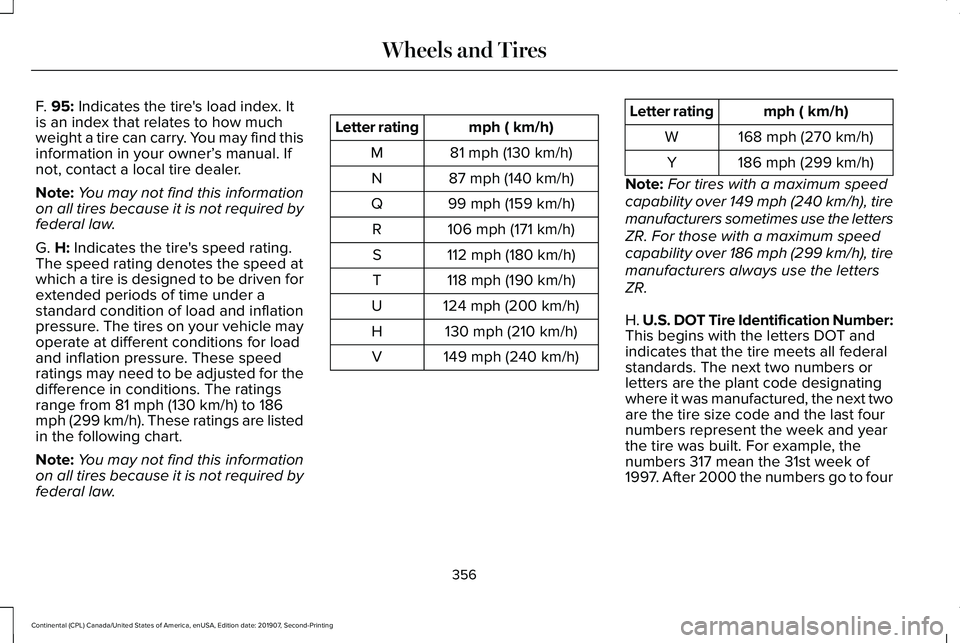 LINCOLN CONTINENTAL 2020 Owners Manual F. 95: Indicates the tire's load index. It
is an index that relates to how much
weight a tire can carry. You may find this
information in your owner’ s manual. If
not, contact a local tire deale LINCOLN CONTINENTAL 2020 Owners Manual F. 95: Indicates the tire's load index. It
is an index that relates to how much
weight a tire can carry. You may find this
information in your owner’ s manual. If
not, contact a local tire deale