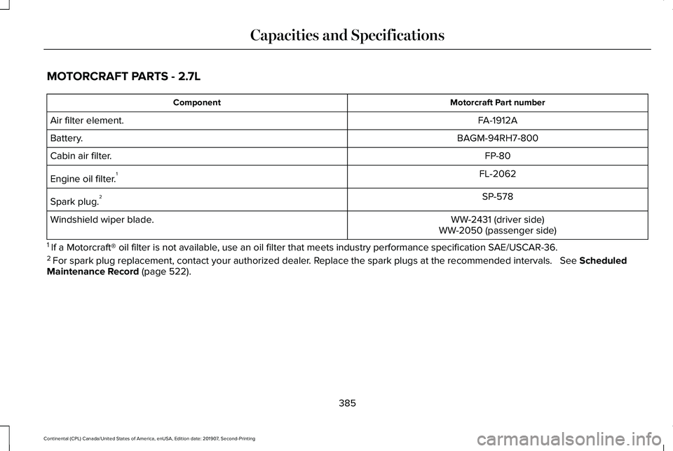 LINCOLN CONTINENTAL 2020  Owners Manual MOTORCRAFT PARTS - 2.7L
Motorcraft Part number
Component
FA-1912A
Air filter element.
BAGM-94RH7-800
Battery.
FP-80
Cabin air filter.
FL-2062
Engine oil filter. 1
SP-578
Spark plug. 2
WW-2431 (driver 