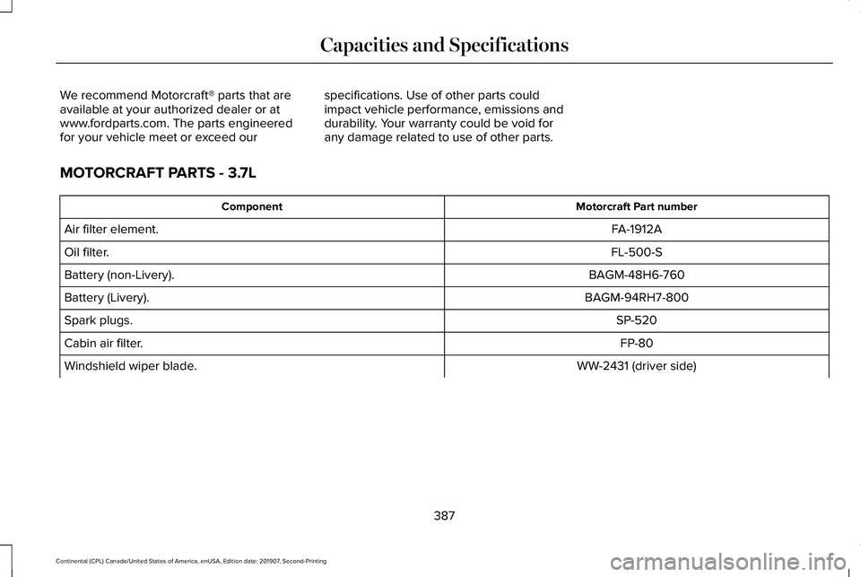 LINCOLN CONTINENTAL 2020  Owners Manual We recommend Motorcraft® parts that are
available at your authorized dealer or at
www.fordparts.com. The parts engineered
for your vehicle meet or exceed our
specifications. Use of other parts could
