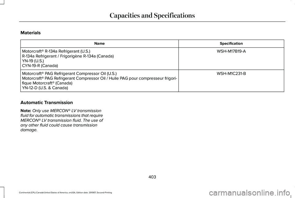 LINCOLN CONTINENTAL 2020  Owners Manual Materials
Specification
Name
WSH-M17B19-A
Motorcraft® R-134a Refrigerant (U.S.)
R-134a Refrigerant / Frigorigène R-134a (Canada)
YN-19 (U.S.)
CYN-19-R (Canada)
WSH-M1C231-B
Motorcraft® PAG Refriger