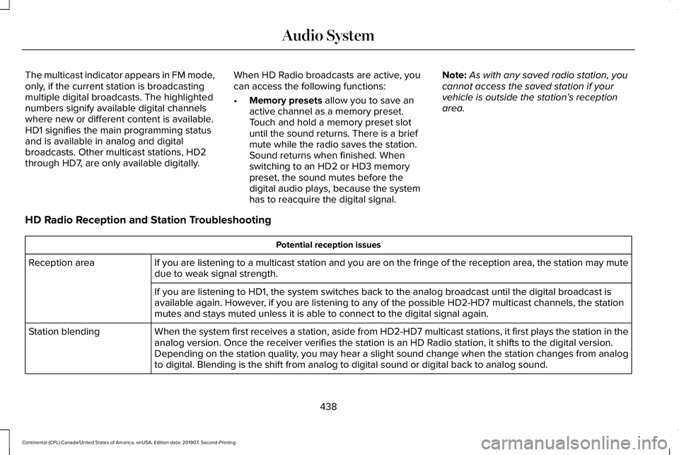 LINCOLN CONTINENTAL 2020 Owners Manual The multicast indicator appears in FM mode,
only, if the current station is broadcasting
multiple digital broadcasts. The highlighted
numbers signify available digital channels
where new or different LINCOLN CONTINENTAL 2020 Owners Manual The multicast indicator appears in FM mode,
only, if the current station is broadcasting
multiple digital broadcasts. The highlighted
numbers signify available digital channels
where new or different