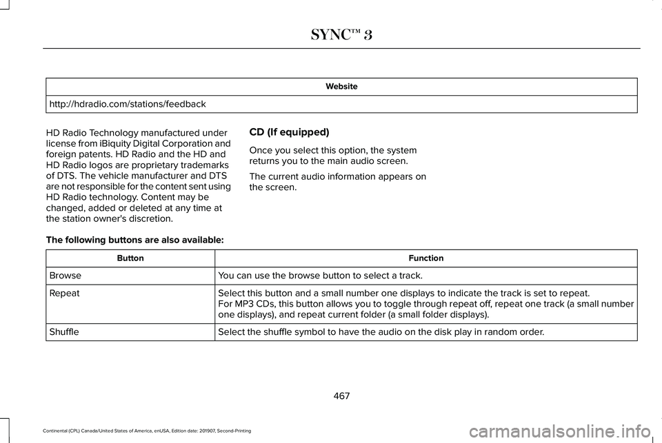 LINCOLN CONTINENTAL 2020 Owners Manual Website
http://hdradio.com/stations/feedback
HD Radio Technology manufactured under
license from iBiquity Digital Corporation and
foreign patents. HD Radio and the HD and
HD Radio logos are proprietar LINCOLN CONTINENTAL 2020 Owners Manual Website
http://hdradio.com/stations/feedback
HD Radio Technology manufactured under
license from iBiquity Digital Corporation and
foreign patents. HD Radio and the HD and
HD Radio logos are proprietar