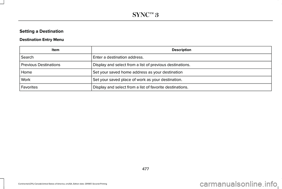LINCOLN CONTINENTAL 2020 Owners Manual Setting a Destination
Destination Entry Menu
Description
Item
Enter a destination address.
Search
Display and select from a list of previous destinations.
Previous Destinations
Set your saved home add LINCOLN CONTINENTAL 2020 Owners Manual Setting a Destination
Destination Entry Menu
Description
Item
Enter a destination address.
Search
Display and select from a list of previous destinations.
Previous Destinations
Set your saved home add