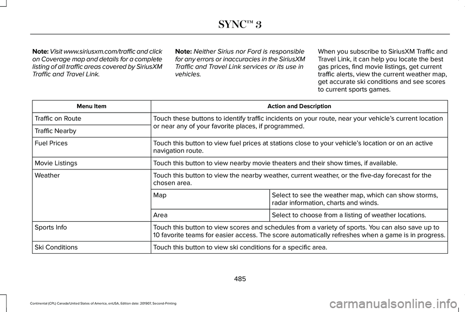LINCOLN CONTINENTAL 2020 Owners Manual Note:
Visit www.siriusxm.com/traffic and click
on Coverage map and details for a complete
listing of all traffic areas covered by SiriusXM
Traffic and Travel Link. Note:
Neither Sirius nor Ford is res LINCOLN CONTINENTAL 2020 Owners Manual Note:
Visit www.siriusxm.com/traffic and click
on Coverage map and details for a complete
listing of all traffic areas covered by SiriusXM
Traffic and Travel Link. Note:
Neither Sirius nor Ford is res