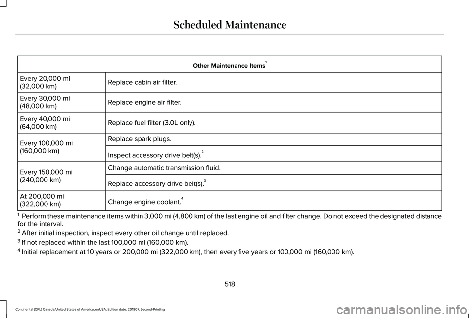 LINCOLN CONTINENTAL 2020  Owners Manual Other Maintenance Items
1
Replace cabin air filter.
Every 20,000 mi
(32,000 km)
Replace engine air filter.
Every 
30,000 mi
(48,000 km)
Replace fuel filter (3.0L only).
Every 
40,000 mi
(64,000 km)
Re