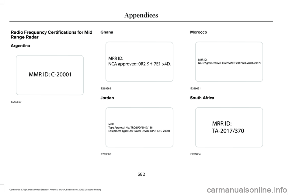 LINCOLN CONTINENTAL 2020  Owners Manual Radio Frequency Certifications for Mid
Range Radar
Argentina Ghana
Jordan Morocco
South Africa
582
Continental (CPL) Canada/United States of America, enUSA, Edition date: 201907, Second-Printing Appen