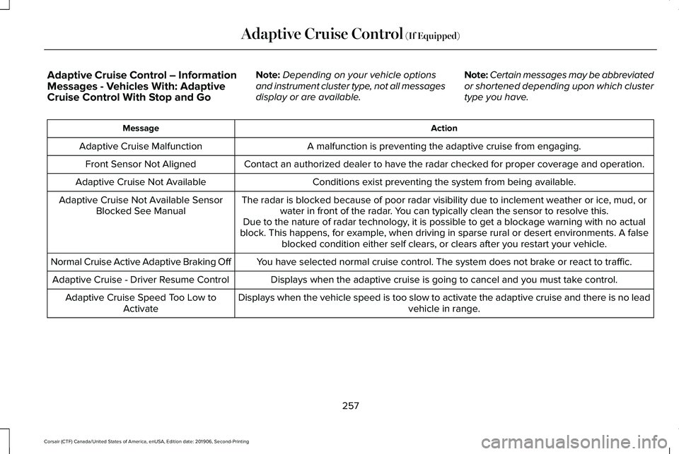 LINCOLN CORSAIR 2020 Owners Manual Adaptive Cruise Control – Information
Messages - Vehicles With: Adaptive
Cruise Control With Stop and Go
Note:
Depending on your vehicle options
and instrument cluster type, not all messages
display LINCOLN CORSAIR 2020 Owners Manual Adaptive Cruise Control – Information
Messages - Vehicles With: Adaptive
Cruise Control With Stop and Go
Note:
Depending on your vehicle options
and instrument cluster type, not all messages
display