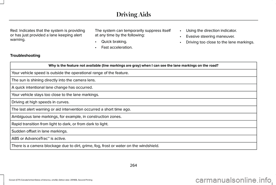 LINCOLN CORSAIR 2020 Owners Manual Red: Indicates that the system is providing
or has just provided a lane keeping alert
warning.
The system can temporarily suppress itself
at any time by the following:
•
Quick braking.
• Fast acce LINCOLN CORSAIR 2020 Owners Manual Red: Indicates that the system is providing
or has just provided a lane keeping alert
warning.
The system can temporarily suppress itself
at any time by the following:
•
Quick braking.
• Fast acce
