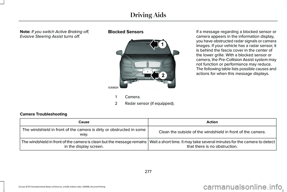 LINCOLN CORSAIR 2020 Owners Manual Note:
If you switch Active Braking off,
Evasive Steering Assist turns off. Blocked Sensors Camera.
1
Radar sensor (if equipped).
2 If a message regarding a blocked sensor or
camera appears in the info LINCOLN CORSAIR 2020 Owners Manual Note:
If you switch Active Braking off,
Evasive Steering Assist turns off. Blocked Sensors Camera.
1
Radar sensor (if equipped).
2 If a message regarding a blocked sensor or
camera appears in the info