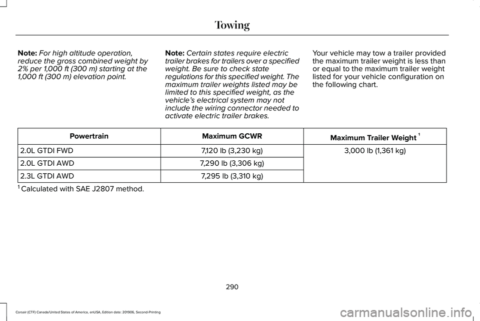 LINCOLN CORSAIR 2020  Owners Manual Note:
For high altitude operation,
reduce the gross combined weight by
2% per 1,000 ft (300 m) starting at the
1,000 ft (300 m) elevation point. Note:
Certain states require electric
trailer brakes fo