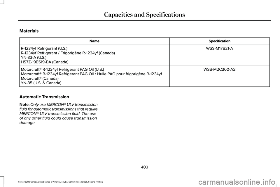 LINCOLN CORSAIR 2020  Owners Manual Materials
Specification
Name
WSS-M17B21-A
R-1234yf Refrigerant (U.S.)
R-1234yf Refrigerant / Frigorigène R-1234yf (Canada)
YN-33-A (U.S.)
HS7Z-19B519-BA (Canada)
WSS-M2C300-A2
Motorcraft® R-1234yf R