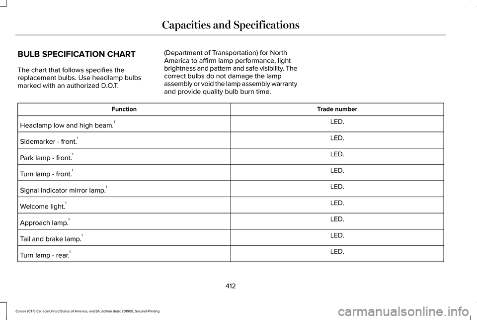 LINCOLN CORSAIR 2020  Owners Manual BULB SPECIFICATION CHART
The chart that follows specifies the
replacement bulbs. Use headlamp bulbs
marked with an authorized D.O.T.
(Department of Transportation) for North
America to affirm lamp per