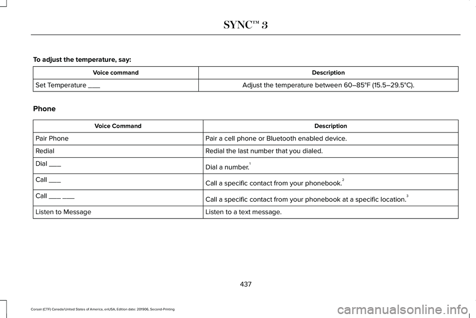LINCOLN CORSAIR 2020  Owners Manual To adjust the temperature, say:
Description
Voice command
Adjust the temperature between 60–85°F (15.5–29.5°C).
Set Temperature ___
Phone Description
Voice Command
Pair a cell phone or Bluetooth