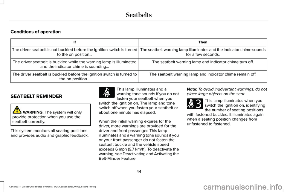 LINCOLN CORSAIR 2020 Service Manual Conditions of operation
Then
If
The seatbelt warning lamp illuminates and the indicator chime soundsfor a few seconds.
The driver seatbelt is not buckled before the ignition switch is turned
to the on LINCOLN CORSAIR 2020 Service Manual Conditions of operation
Then
If
The seatbelt warning lamp illuminates and the indicator chime soundsfor a few seconds.
The driver seatbelt is not buckled before the ignition switch is turned
to the on