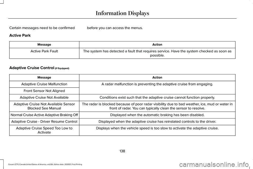 LINCOLN CORSAIR 2021 Owners Manual Certain messages need to be confirmed before you can access the menus.
Active Park
Action
Message
The system has detected a fault that requires service. Have the system checked as soon as possible.
Ac LINCOLN CORSAIR 2021 Owners Manual Certain messages need to be confirmed before you can access the menus.
Active Park
Action
Message
The system has detected a fault that requires service. Have the system checked as soon as possible.
Ac