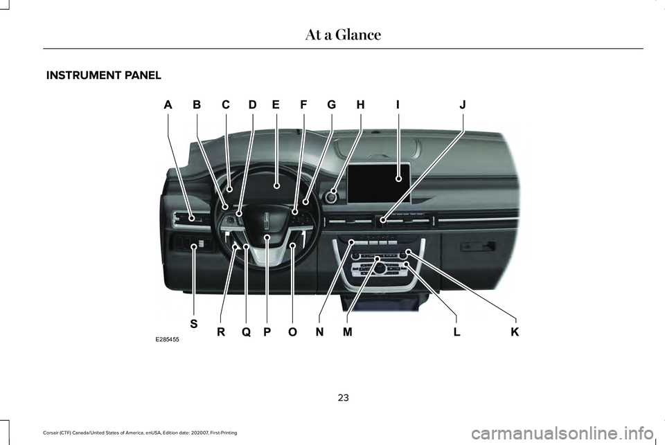 LINCOLN CORSAIR 2021  Owners Manual INSTRUMENT PANEL
23
Corsair (CTF) Canada/United States of America, enUSA, Edition date: 202007, First-Printing At a GlanceE285455  
