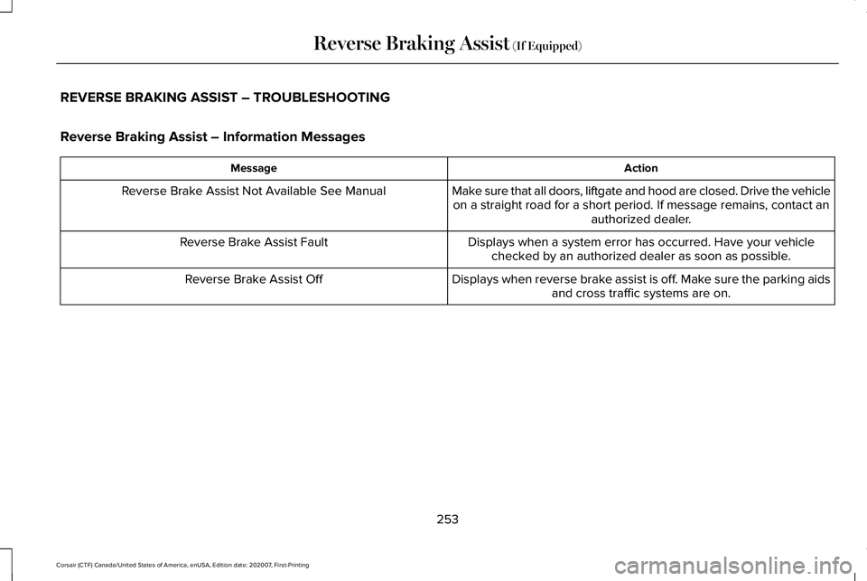 LINCOLN CORSAIR 2021 Owners Manual REVERSE BRAKING ASSIST – TROUBLESHOOTING
Reverse Braking Assist – Information Messages
Action
Message
Make sure that all doors, liftgate and hood are closed. Drive the vehicleon a straight road fo LINCOLN CORSAIR 2021 Owners Manual REVERSE BRAKING ASSIST – TROUBLESHOOTING
Reverse Braking Assist – Information Messages
Action
Message
Make sure that all doors, liftgate and hood are closed. Drive the vehicleon a straight road fo