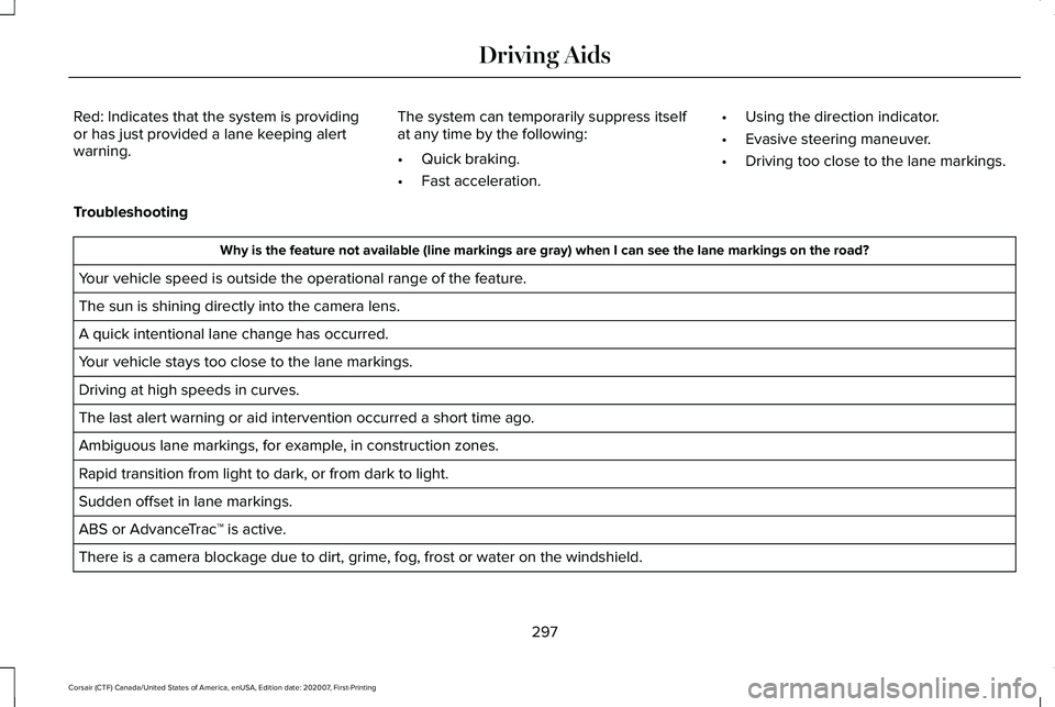 LINCOLN CORSAIR 2021  Owners Manual Red: Indicates that the system is providing
or has just provided a lane keeping alert
warning.
The system can temporarily suppress itself
at any time by the following:
•
Quick braking.
• Fast acce