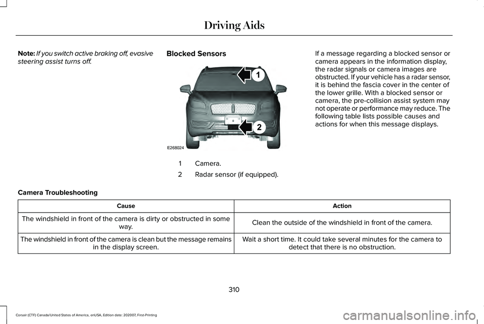 LINCOLN CORSAIR 2021 Owners Manual Note:
If you switch active braking off, evasive
steering assist turns off. Blocked Sensors Camera.
1
Radar sensor (if equipped).
2 If a message regarding a blocked sensor or
camera appears in the info LINCOLN CORSAIR 2021 Owners Manual Note:
If you switch active braking off, evasive
steering assist turns off. Blocked Sensors Camera.
1
Radar sensor (if equipped).
2 If a message regarding a blocked sensor or
camera appears in the info