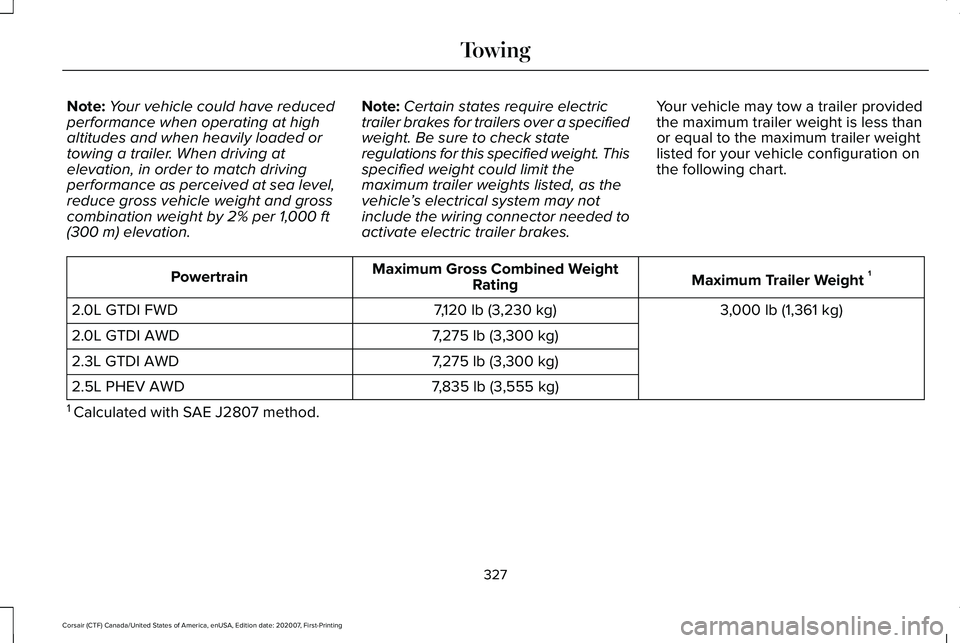 LINCOLN CORSAIR 2021 Owners Manual Note:
Your vehicle could have reduced
performance when operating at high
altitudes and when heavily loaded or
towing a trailer. When driving at
elevation, in order to match driving
performance as perc LINCOLN CORSAIR 2021 Owners Manual Note:
Your vehicle could have reduced
performance when operating at high
altitudes and when heavily loaded or
towing a trailer. When driving at
elevation, in order to match driving
performance as perc