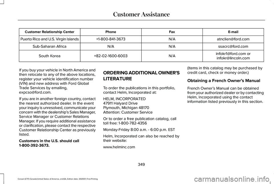 LINCOLN CORSAIR 2021  Owners Manual E-mail
Fax
Phone
Customer Relationship Center
atnclien@ford.com
N/A
+1-800-841-3673
Puerto Rico and U.S. Virgin Islands
ssacrc@ford.com
N/A
N/A
Sub-Saharan Africa
infokr1@ford.com orinfokr@lincoln.com