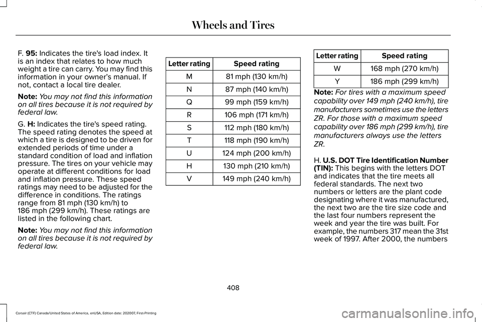 LINCOLN CORSAIR 2021 Owners Manual F. 95: Indicates the tire's load index. It
is an index that relates to how much
weight a tire can carry. You may find this
information in your owner’ s manual. If
not, contact a local tire deale LINCOLN CORSAIR 2021 Owners Manual F. 95: Indicates the tire's load index. It
is an index that relates to how much
weight a tire can carry. You may find this
information in your owner’ s manual. If
not, contact a local tire deale
