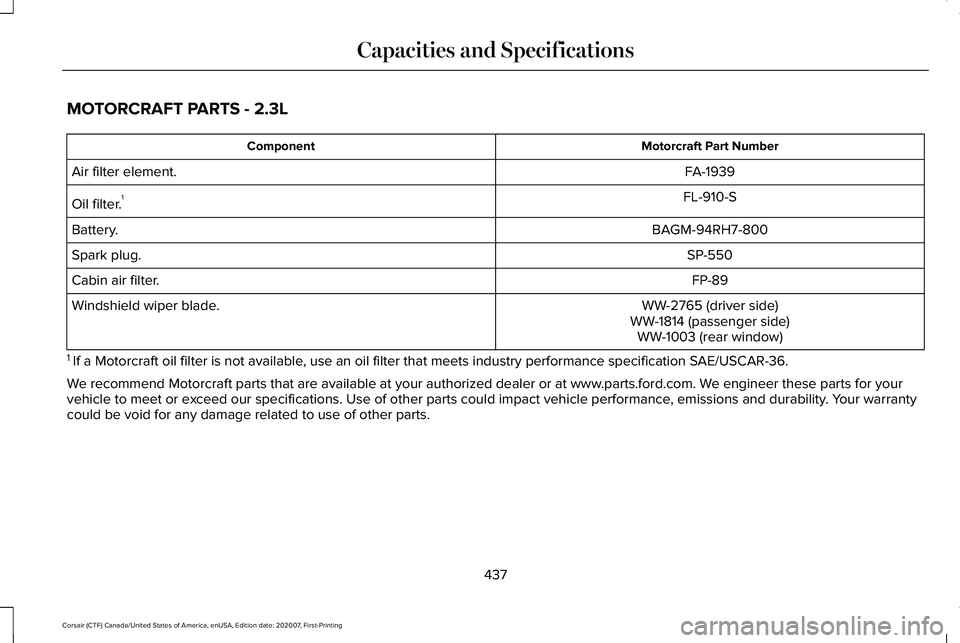LINCOLN CORSAIR 2021  Owners Manual MOTORCRAFT PARTS - 2.3L
Motorcraft Part Number
Component
FA-1939
Air filter element.
FL-910-S
Oil filter. 1
BAGM-94RH7-800
Battery.
SP-550
Spark plug.
FP-89
Cabin air filter.
WW-2765 (driver side)
Win