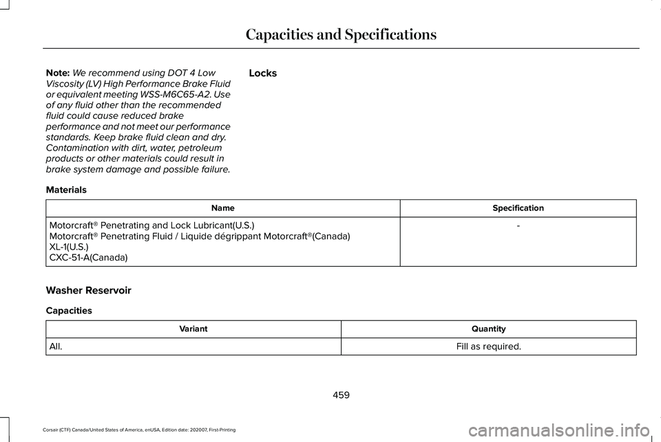 LINCOLN CORSAIR 2021 Owners Manual Note:
We recommend using DOT 4 Low
Viscosity (LV) High Performance Brake Fluid
or equivalent meeting WSS-M6C65-A2. Use
of any fluid other than the recommended
fluid could cause reduced brake
performan LINCOLN CORSAIR 2021 Owners Manual Note:
We recommend using DOT 4 Low
Viscosity (LV) High Performance Brake Fluid
or equivalent meeting WSS-M6C65-A2. Use
of any fluid other than the recommended
fluid could cause reduced brake
performan