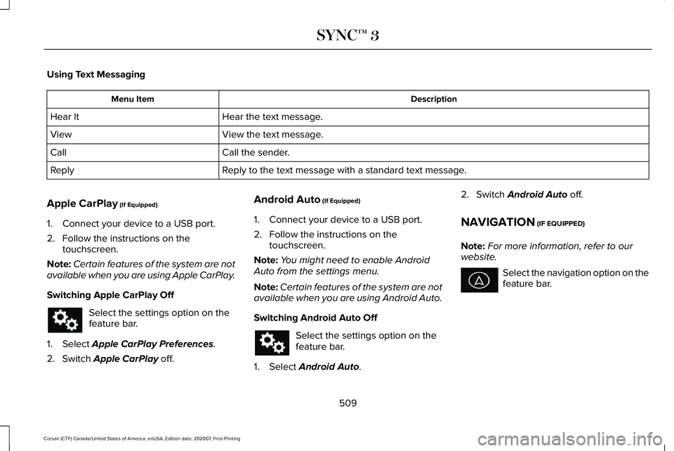 LINCOLN CORSAIR 2021 Owners Manual Using Text Messaging
Description
Menu Item
Hear the text message.
Hear It
View the text message.
View
Call the sender.
Call
Reply to the text message with a standard text message.
Reply
Apple CarPlay LINCOLN CORSAIR 2021 Owners Manual Using Text Messaging
Description
Menu Item
Hear the text message.
Hear It
View the text message.
View
Call the sender.
Call
Reply to the text message with a standard text message.
Reply
Apple CarPlay