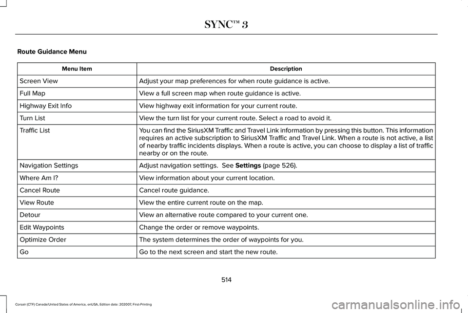 LINCOLN CORSAIR 2021 Owners Manual Route Guidance Menu
Description
Menu Item
Adjust your map preferences for when route guidance is active.
Screen View
View a full screen map when route guidance is active.
Full Map
View highway exit in LINCOLN CORSAIR 2021 Owners Manual Route Guidance Menu
Description
Menu Item
Adjust your map preferences for when route guidance is active.
Screen View
View a full screen map when route guidance is active.
Full Map
View highway exit in