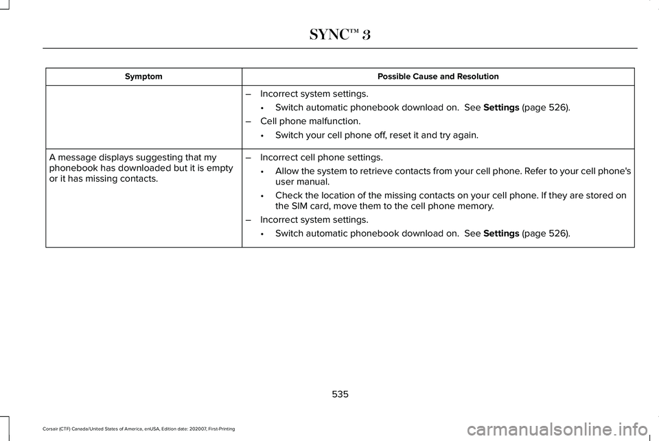 LINCOLN CORSAIR 2021 Owners Manual Possible Cause and Resolution
Symptom
–Incorrect system settings.
•Switch automatic phonebook download on. See Settings (page 526).
– Cell phone malfunction.
•Switch your cell phone off, rese LINCOLN CORSAIR 2021 Owners Manual Possible Cause and Resolution
Symptom
–Incorrect system settings.
•Switch automatic phonebook download on. See Settings (page 526).
– Cell phone malfunction.
•Switch your cell phone off, rese