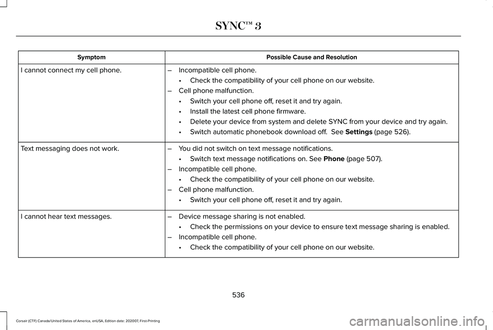 LINCOLN CORSAIR 2021 Owners Manual Possible Cause and Resolution
Symptom
–Incompatible cell phone.
•Check the compatibility of your cell phone on our website.
– Cell phone malfunction.
•Switch your cell phone off, reset it and LINCOLN CORSAIR 2021 Owners Manual Possible Cause and Resolution
Symptom
–Incompatible cell phone.
•Check the compatibility of your cell phone on our website.
– Cell phone malfunction.
•Switch your cell phone off, reset it and