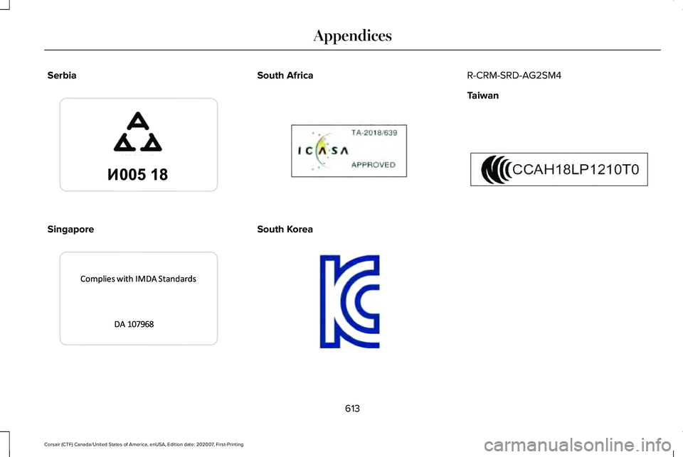 LINCOLN CORSAIR 2021 Owners Manual Serbia
Singapore South Africa
South Korea R-CRM-SRD-AG2SM4
Taiwan
613
Corsair (CTF) Canada/United States of America, enUSA, Edition date: 202007, First-Printing AppendicesE338019 E339948 E339825 E LINCOLN CORSAIR 2021 Owners Manual Serbia
Singapore South Africa
South Korea R-CRM-SRD-AG2SM4
Taiwan
613
Corsair (CTF) Canada/United States of America, enUSA, Edition date: 202007, First-Printing AppendicesE338019 E339948 E339825 E