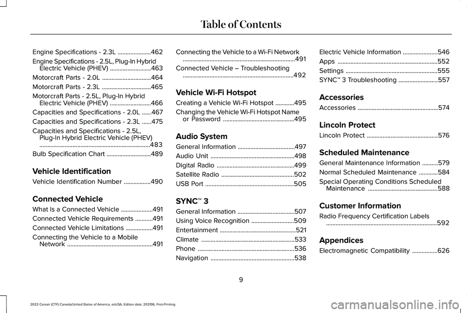 LINCOLN CORSAIR 2022 User Guide Engine Specifications - 2.3L
.....................462
Engine Specifications - 2.5L, Plug-In Hybrid Electric Vehicle (PHEV) ..........................
463
Motorcraft Parts - 2.0L ...................... LINCOLN CORSAIR 2022 User Guide Engine Specifications - 2.3L
.....................462
Engine Specifications - 2.5L, Plug-In Hybrid Electric Vehicle (PHEV) ..........................
463
Motorcraft Parts - 2.0L ......................