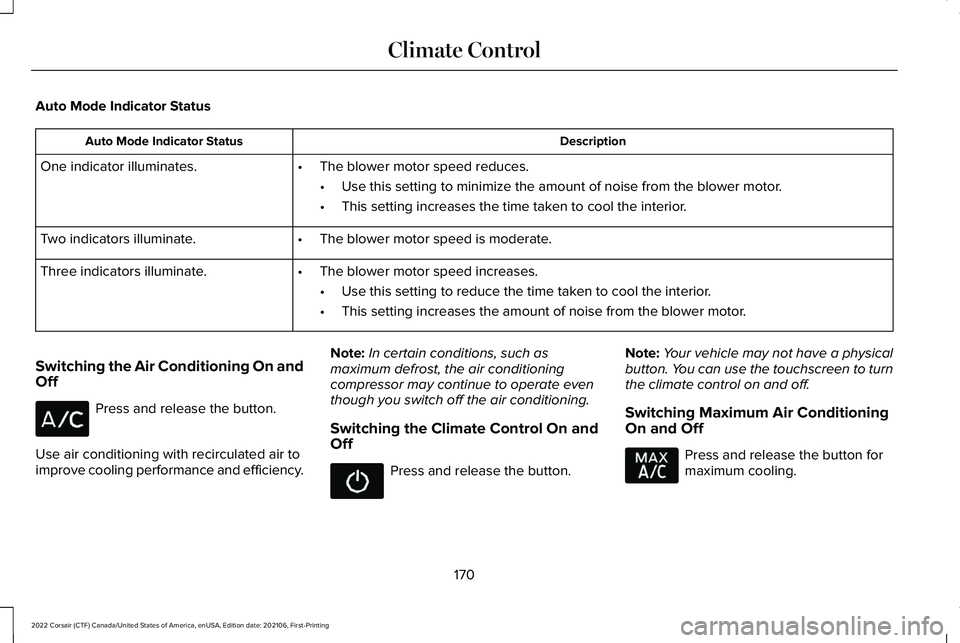LINCOLN CORSAIR 2022 Owners Manual Auto Mode Indicator Status
Description
Auto Mode Indicator Status
One indicator illuminates. •The blower motor speed reduces.
•Use this setting to minimize the amount of noise from the blower moto LINCOLN CORSAIR 2022 Owners Manual Auto Mode Indicator Status
Description
Auto Mode Indicator Status
One indicator illuminates. •The blower motor speed reduces.
•Use this setting to minimize the amount of noise from the blower moto